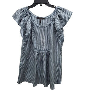 BCBGMaxAzria Women's Blue & White‎ Stripe 100% Silk Flutter Sleeve Blouse Size S